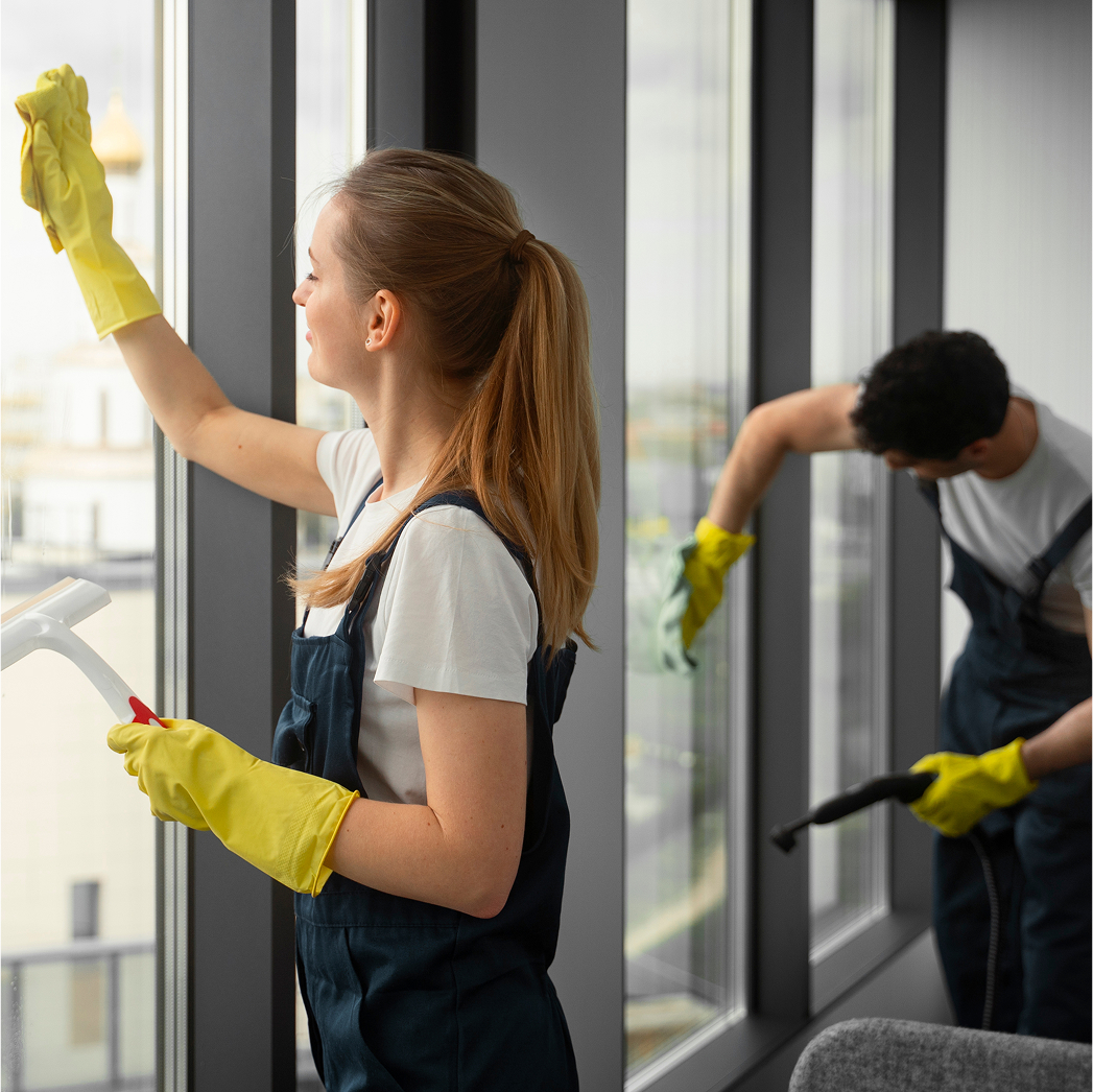 Reinigungskraft am Fenster