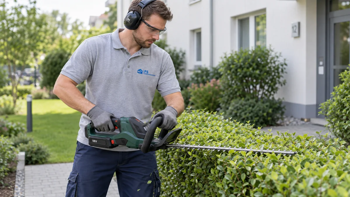 Symbolbild: Mitarbeiter in FS-Arbeitskleidung bei der Pflege einer Grünanlage