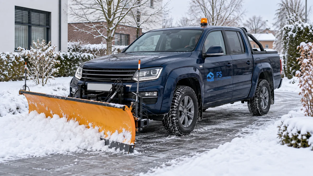 Symbolbild: Dunkelblauer Winterdienst-Pickup mit Schneepflug in verschneiter Umgebung